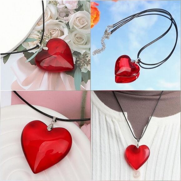 🔹️NIB Red Puffy Glass Heart Pendant Necklace - Picture 6 of 16